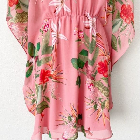 Express pink floral sheer chiffon cinched waist dress M - Picture 8 of 15